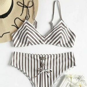 Striped lace-up high waist bikini set